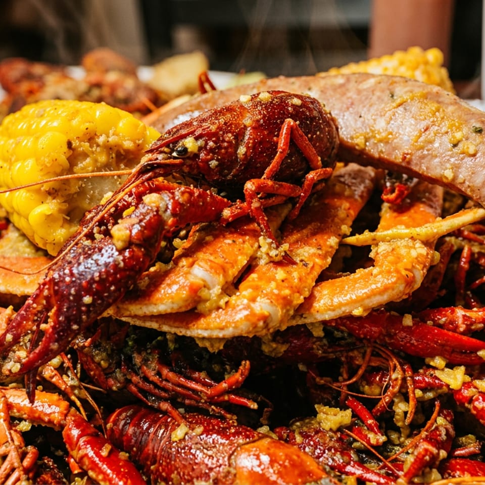 Close-up of a seafood boil with crawfish, crab legs, sausage, corn, and potato in a foil pan.