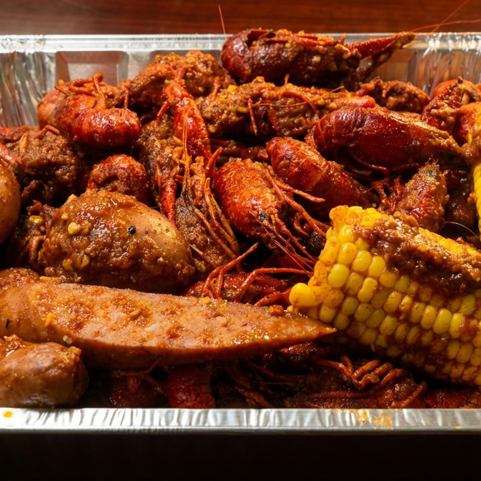 Boiled crawfish, corn on the cob, potatoes, and sausage in a foil pan.