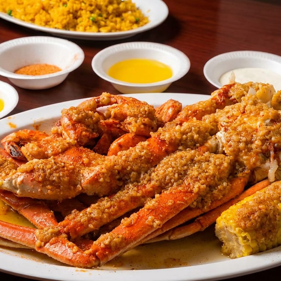 A large platter of seasoned crab legs, shrimp, corn, and potatoes with dipping sauces.