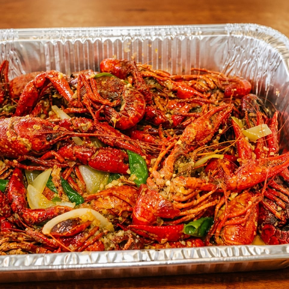 A large foil tray filled with seasoned red crawfish, onions, and green peppers.