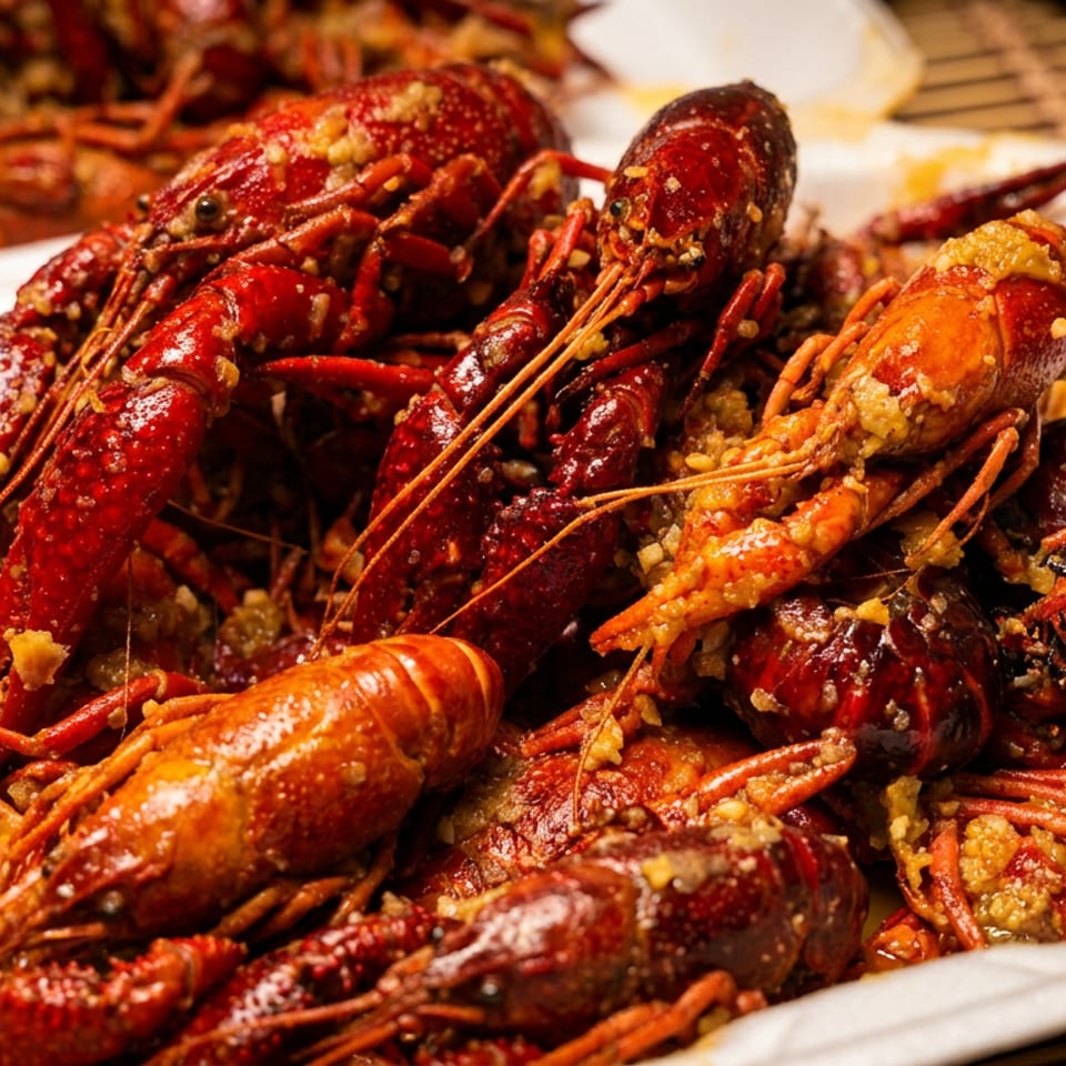 A white takeout container filled with bright red, seasoned crawfish, glistening with sauce and spices.