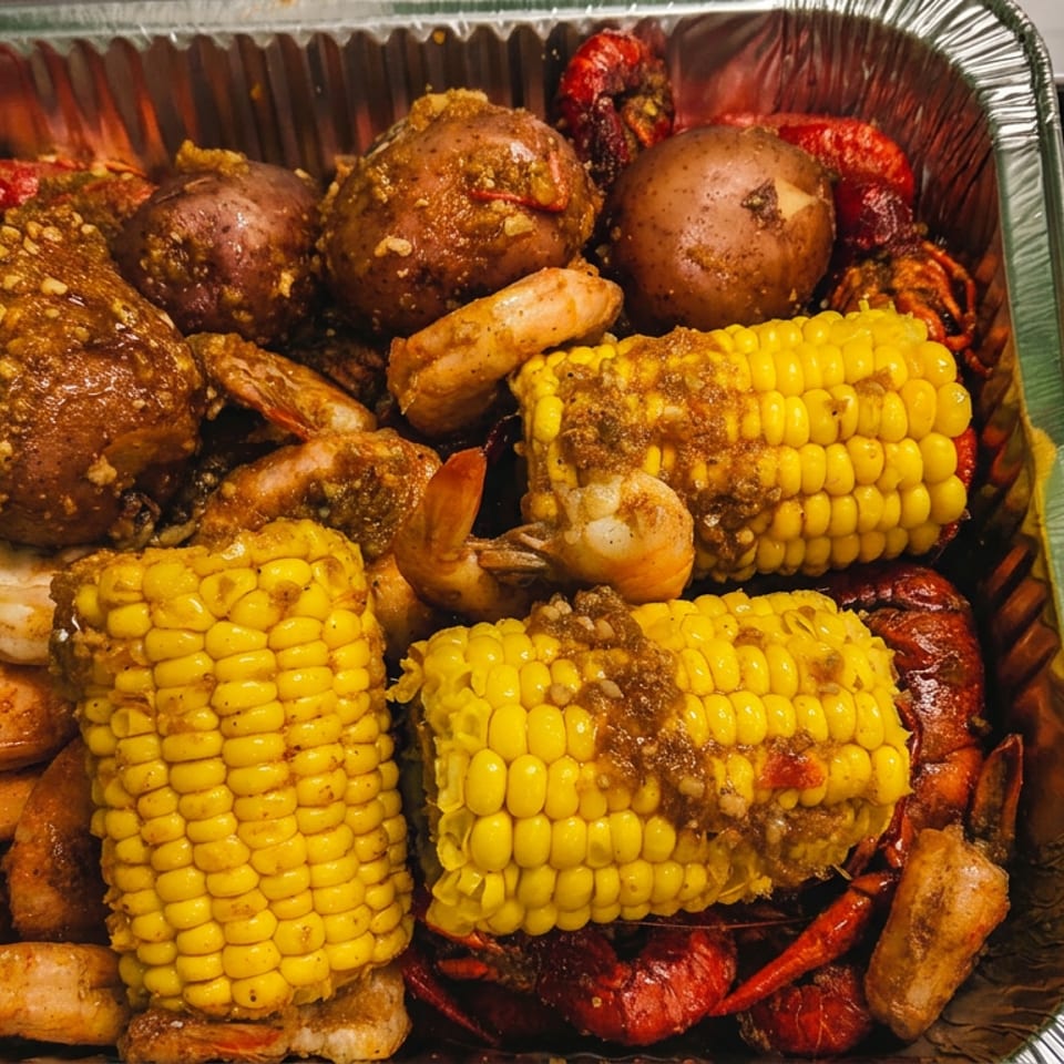 A foil pan filled with crawfish, shrimp, corn on the cob, and potatoes, all seasoned.